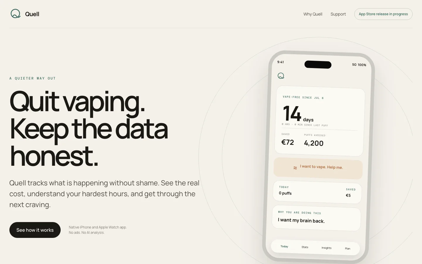 Quell product preview showing the quit-vaping progress screen on an iPhone