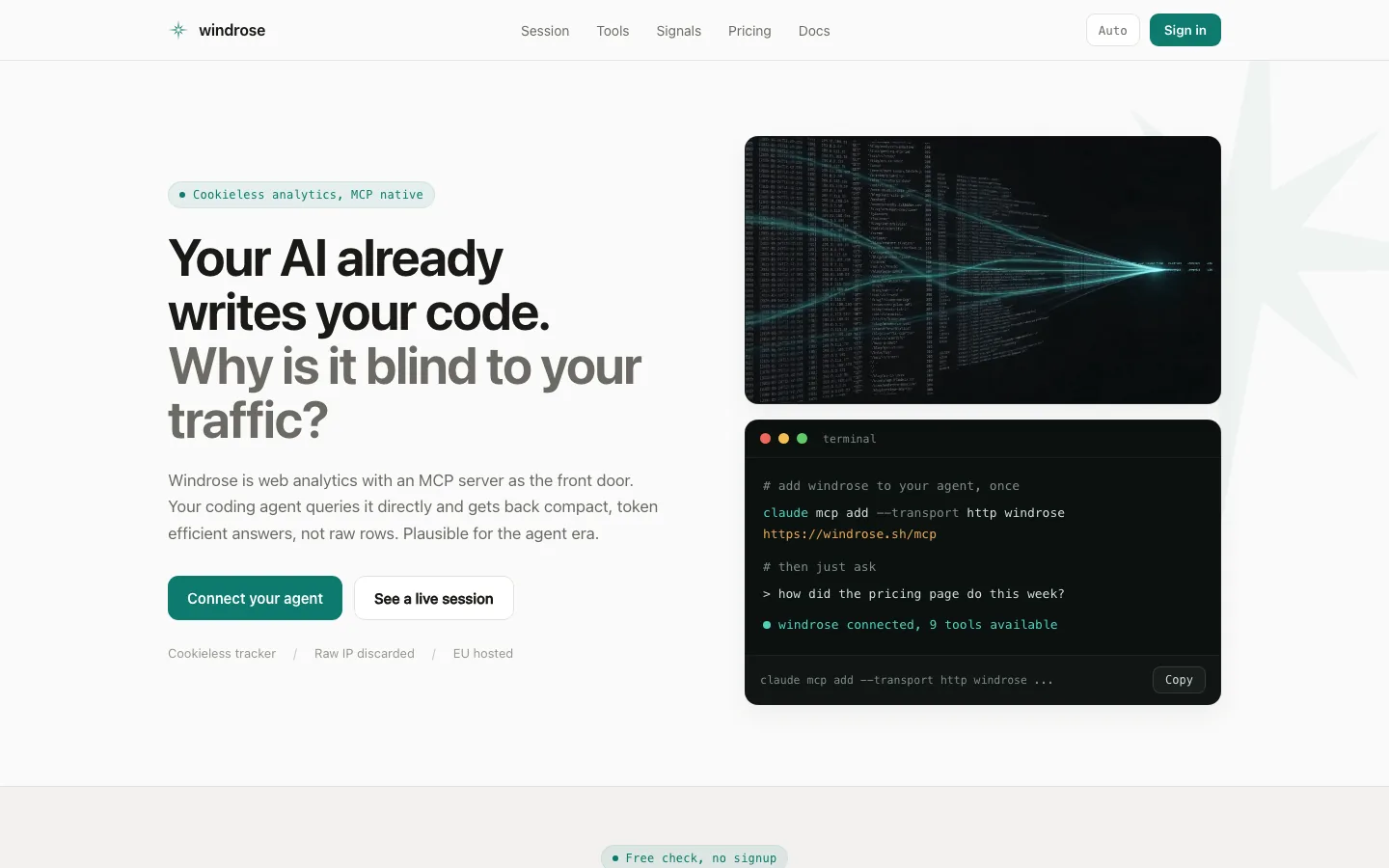 Windrose homepage showing its agent-first analytics workflow and MCP connection